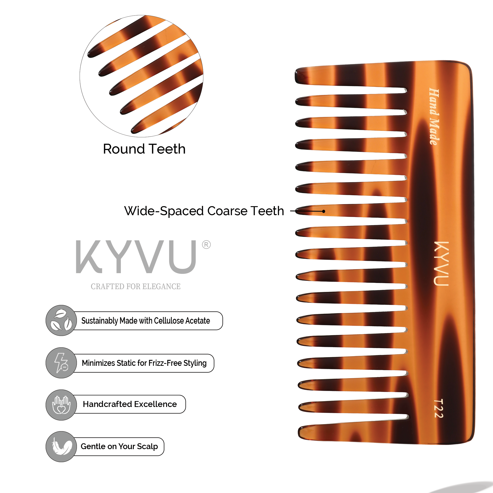 Handgefertigter 15,6 cm breiter Entwirrungskamm mit breiten Zähnen (T22)