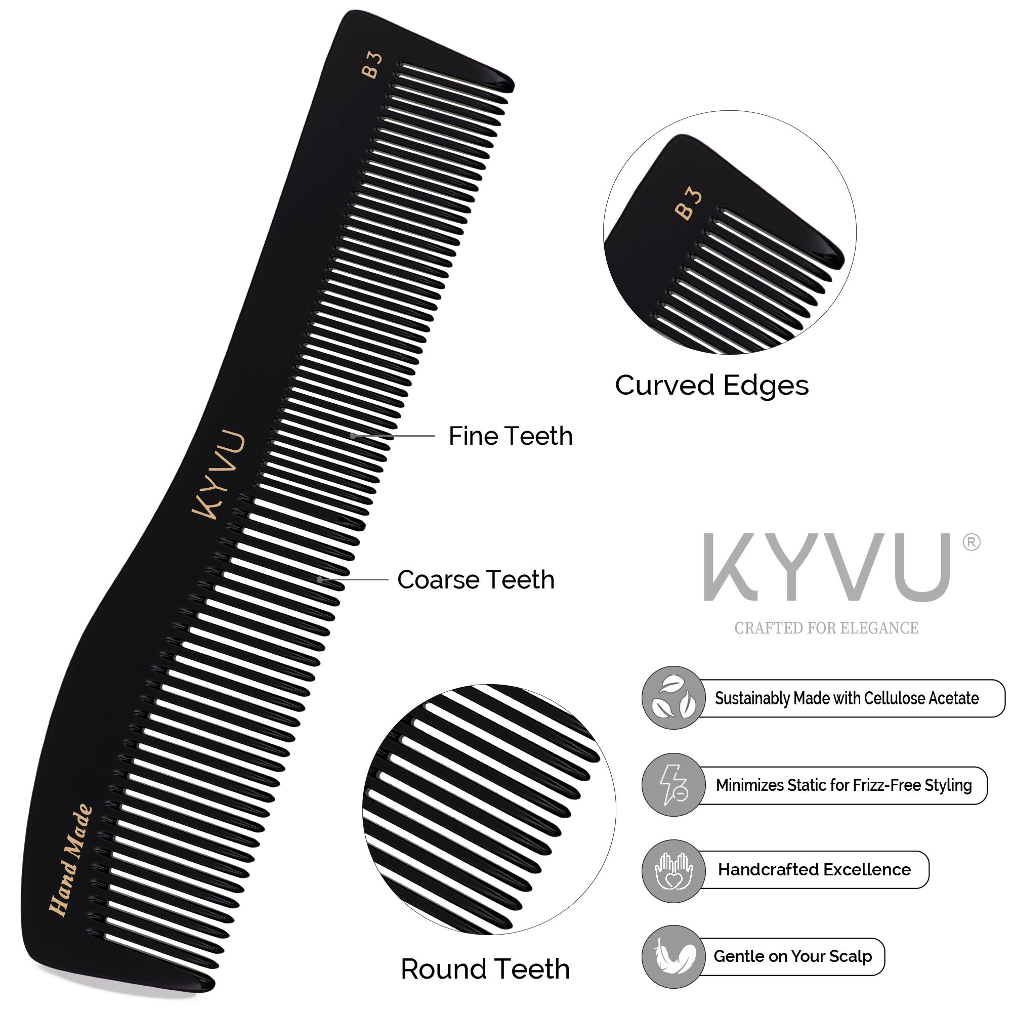 Peigne de toilettage et de coiffure fait main de 20,3 cm (T3)