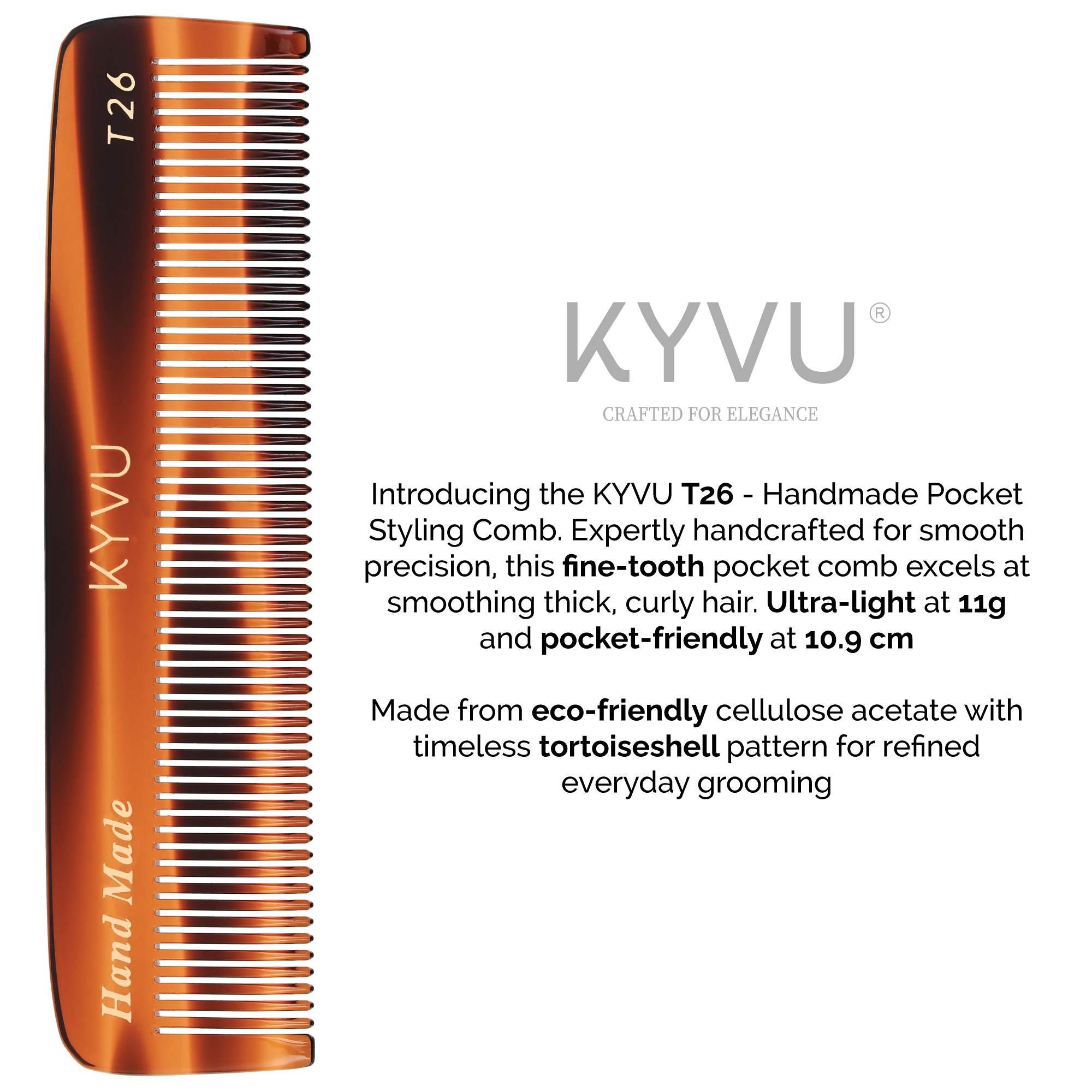 KYVU T26 tortoiseshell comb info: handmade from cellulose acetate sheets, flexible strong material for thick curly hair