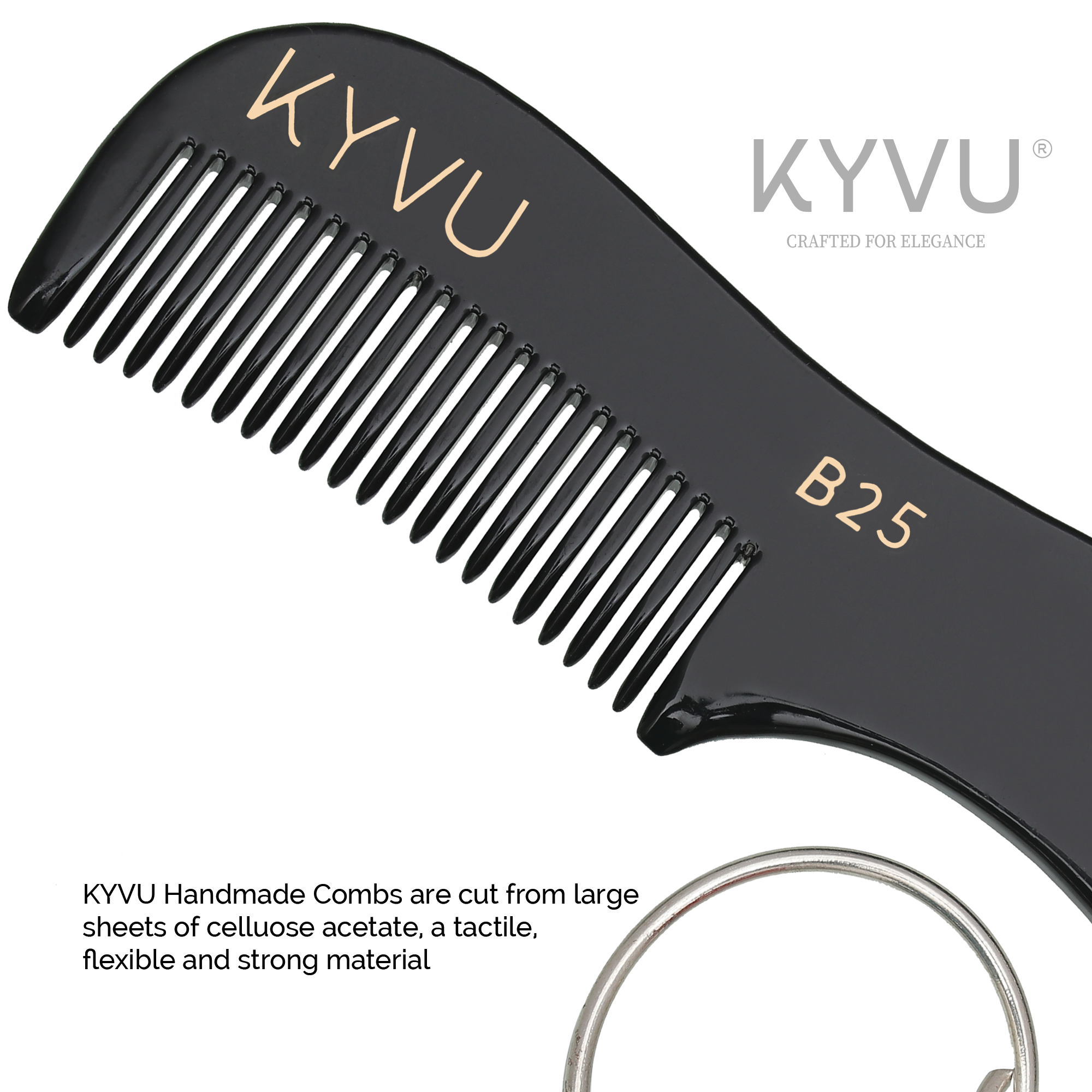 Handgefertigter 7,5 cm Premium Celluloseacetat (Schwarz) Schnurrbart- und Bartkamm mit Schlüsselring (B25)